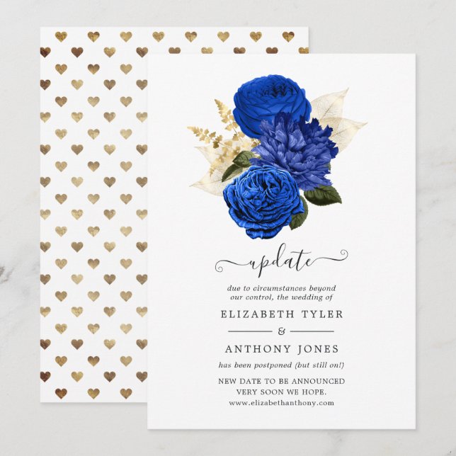 Convites Atualização de Casamento Floral Dourado Real Azul  (Frente/Verso)