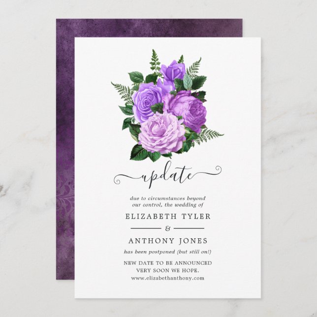 Convites Atualização de Casamento Floral em Roxo e Verde (Frente/Verso)
