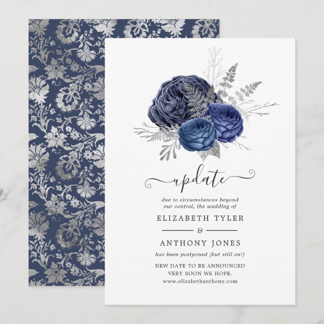 Convites Atualização de casamento floral naval e prateado (Frente/Verso)