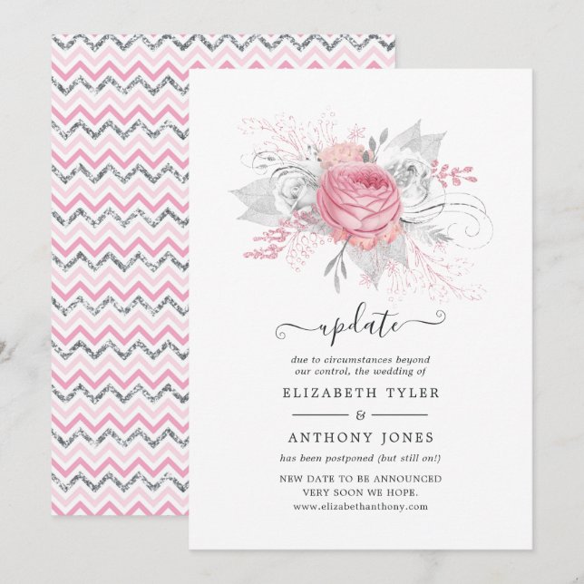 Convites Atualização de casamento floral prateado e rosa fa (Frente/Verso)