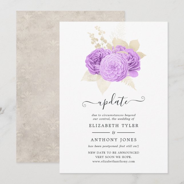 Convites Atualização de casamento floral roxo e marfim (Frente/Verso)