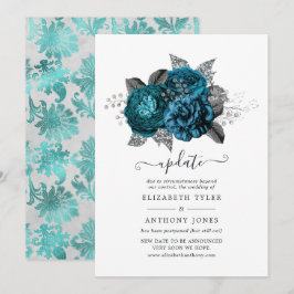 Convites Atualização de casamento floral turquesa, preto e