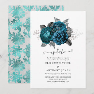 Convites Atualização de casamento floral turquesa, preto e