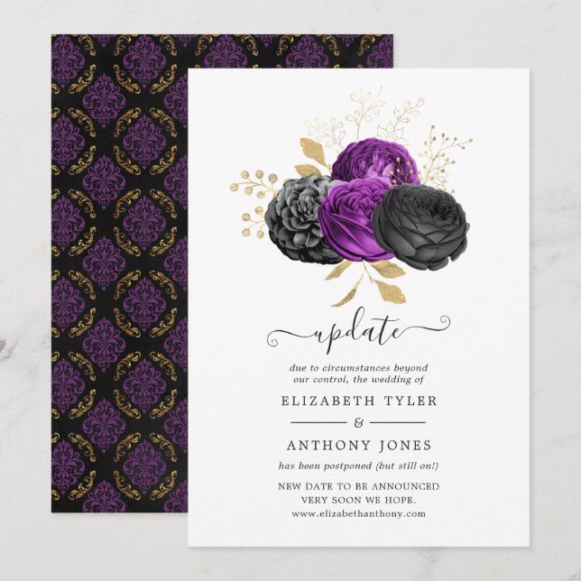 Convites Atualização de casamento gótico floral preto roxo  (Frente/Verso)