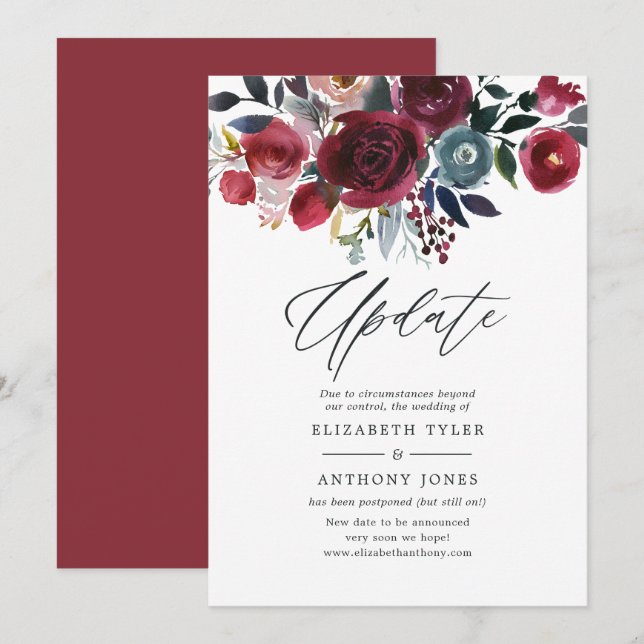 Convites Atualização do Casamento Floral Boho Chic Burgundy (Frente/Verso)