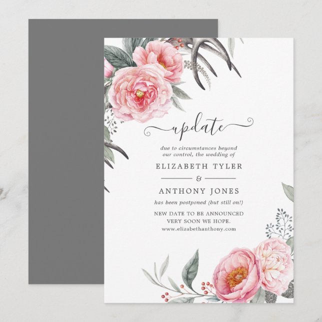 Convites Atualização do Casamento Floral Boho Rosa Pastel e (Frente/Verso)