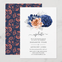 Convites Atualização do Casamento Floral Coral, Azul Marinh