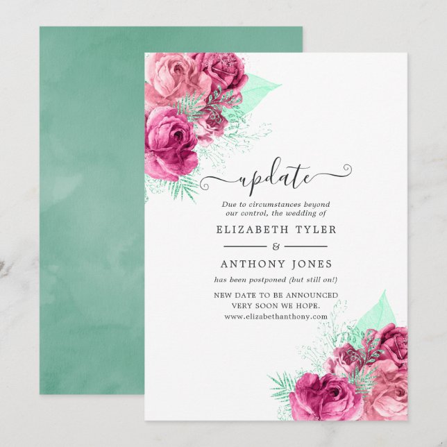 Convites Atualização do Casamento Floral Rosa e Verde-Menta (Frente/Verso)