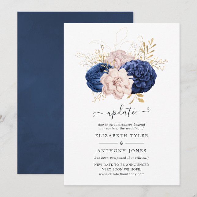 Convites Atualização do Casamento Rosa Bege, Azul Marinho e (Frente/Verso)