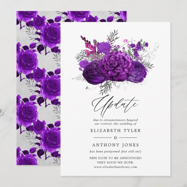 Convites Atualização Real do Casamento Floral de Roxo e Pra (Frente/Verso)