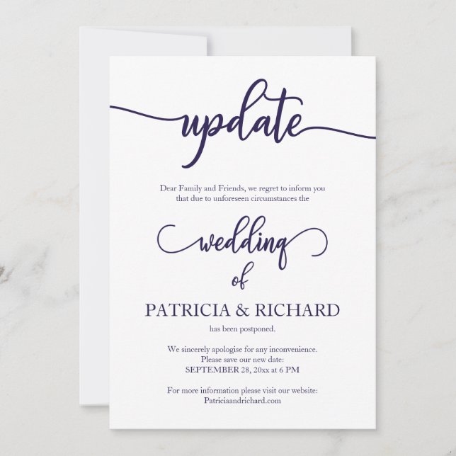 Convites Atualizar Casamento Adiado Script Azul Marinho (Frente)
