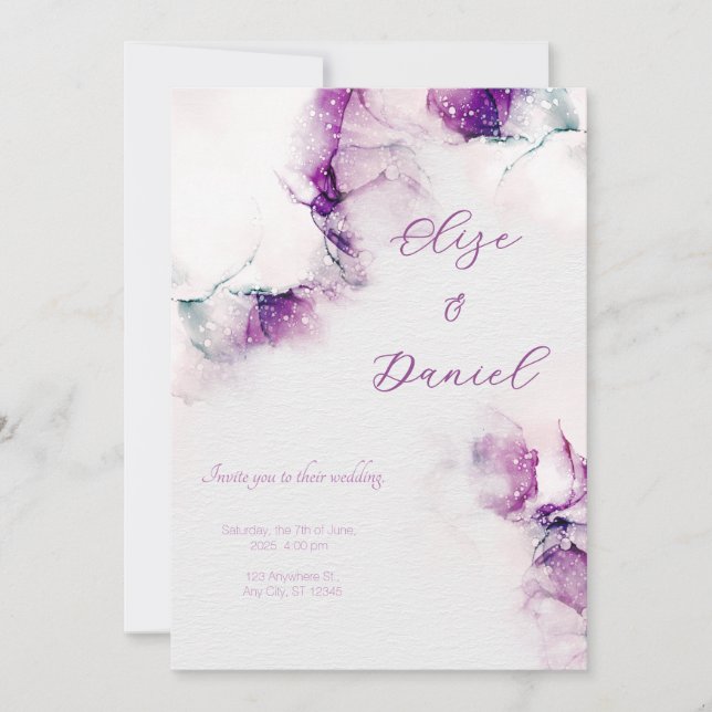 Convites Aubergine Alcohol Ink Floral Wedding Invitation (Frente)