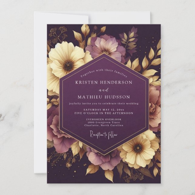 Convites Aubergine Baroque Bloom Wedding (Frente)