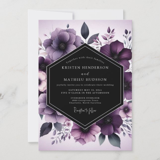 Convites Aubergine Nocturne Flora Wedding (Frente)