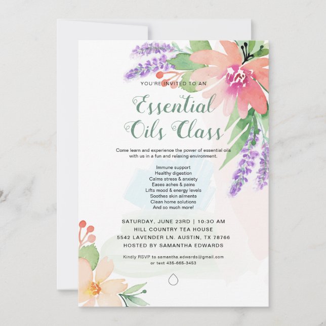 Convites Aula de óleos essenciais florais aquarela de prima (Frente)