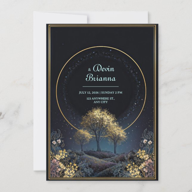 Convites Auréola Dourada Brilhante Casamento na Floresta da (Frente)