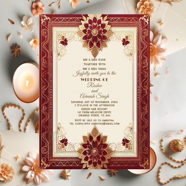 Convites Auspicious Gold Ornate Floral Maroon Grand Indian (Auspicious Gold Ornate Floral Maroon Grand Indian Invitation)