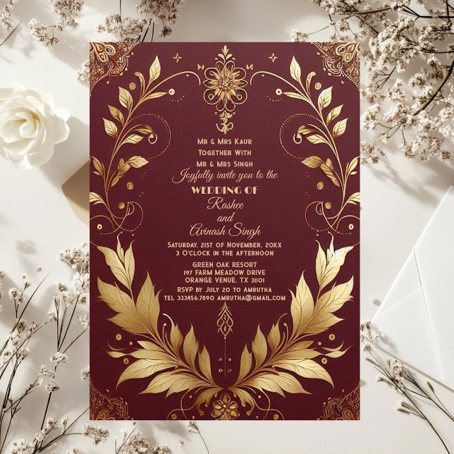 Convites Auspicious Gold Ornate Maroon Leafy Swirls Indian (Auspicious Gold Ornate Maroon Leafy Swirls Indian Invitation)