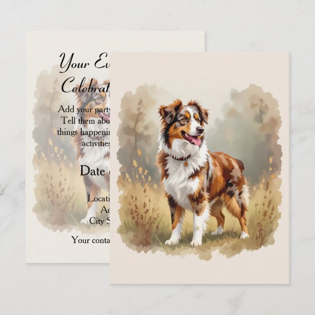 Convites Australian Shepherd Dog Red Merle Aussie (Frente/Verso)