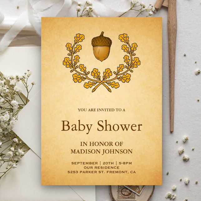 Convites Autumn Acorn Oak Leaves Wreath Chá de fraldas (Criador carregado)