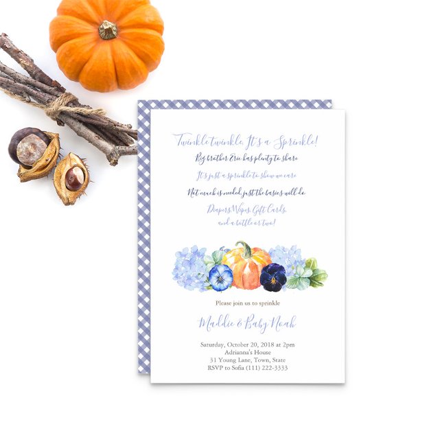 Convites Autumn Baby Sprinkle for Boy, Pumpkin blue florals (Country blue floral pumpkin Baby Sprinkle Party for boy invitation)