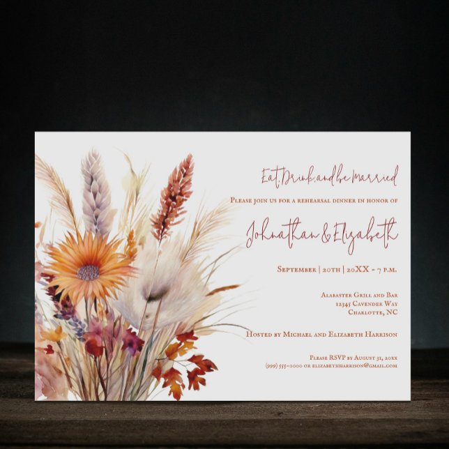 Convites Autumn Boho Floral | Janto de ensaio branco (Autumn Boho Floral White Wedding Rehearsal Dinner Invitation)