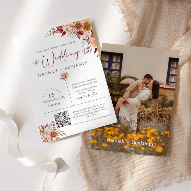 Convites Autumn Boho Wedding Modern Minimo Código QR Foto (Criador carregado)