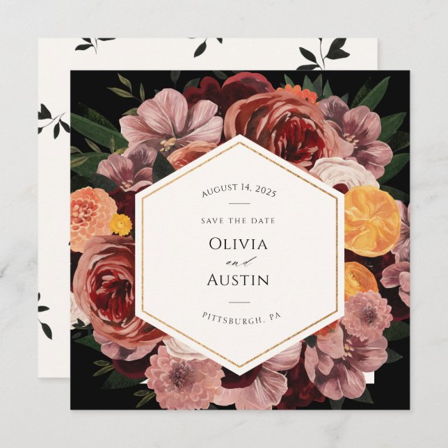 Convites Autumn Burgundy Floral Salvar a Data (Frente/Verso)