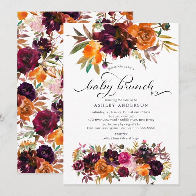 Convites Autumn Burgundy & Orange Floral Baby Brunch (Frente/Verso)