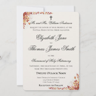 Convites Autumn Catholic Red and Gold Wedding Invitation