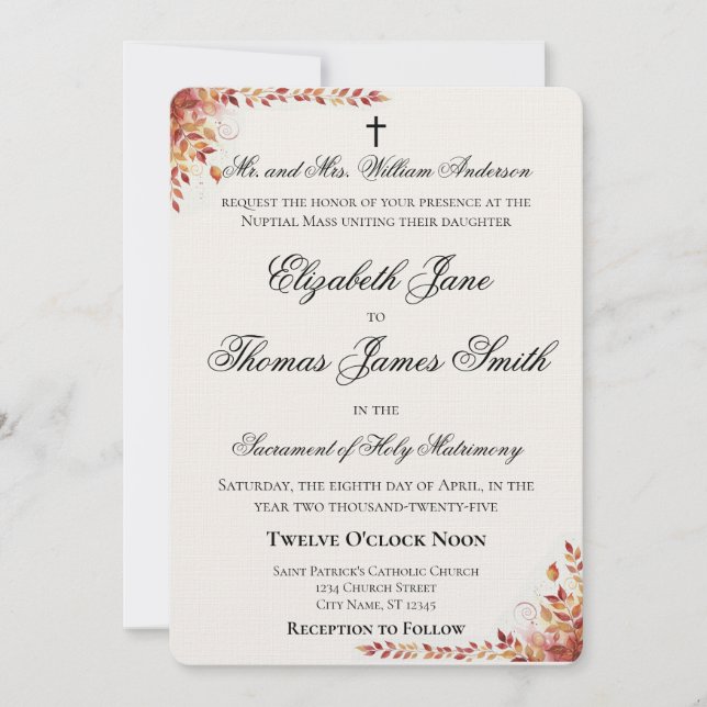 Convites Autumn Catholic Red and Gold Wedding Invitation (Frente)