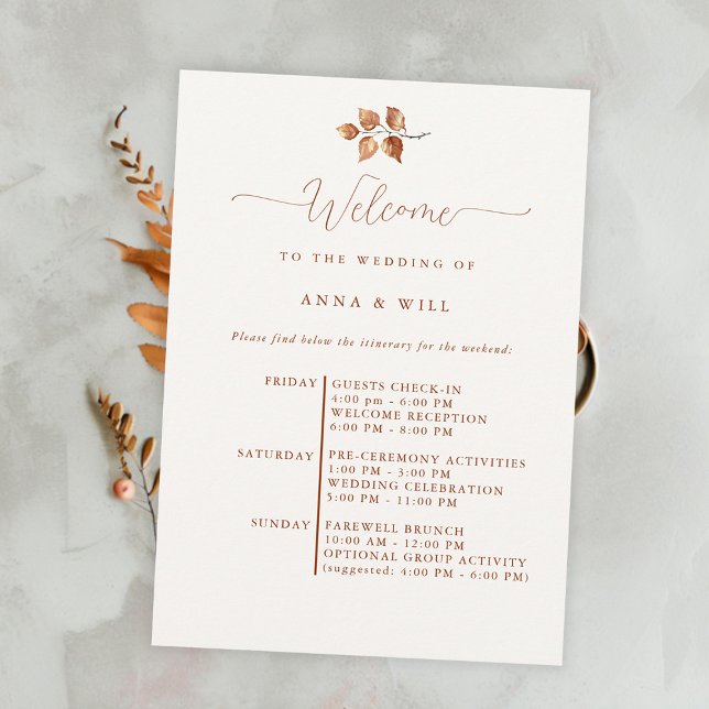 Convites Autumn Deixa Elegante Casamento outono Boho Itiner (autumn fall wedding itinerary elegant bohemian terracotta calligraphy modern simple leaves foliage)