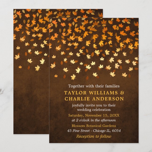 Convites Autumn deixa Grunge Dourado e Brown Weds (Frente/Verso)