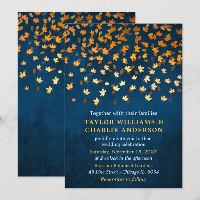 Convites Autumn deixa Grunge Dourado e Casamento Azul (Frente/Verso)