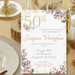 Convites Autumn Elegance 50th Birthday Glitter<br><div class="desc">Este belo 50º convite de aniversário foi desenhado em tons suaves de laranja azul queimado e rosa poeirento que se felicitam mutuamente dando-lhe uma Elegância Boho. O "50º" se destaca em um ouro macio, acentuado por um martelo de ouro! Use o modelo para ajudá-lo a adicionar suas informações específicas para...</div>