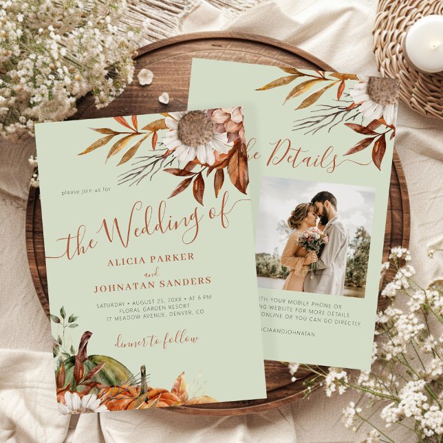 Convites Autumn fall botanical sage green QR code wedding (Criador carregado)