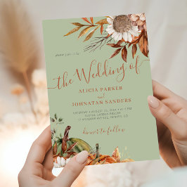 Convites Autumn fall botanical sage green QR code wedding