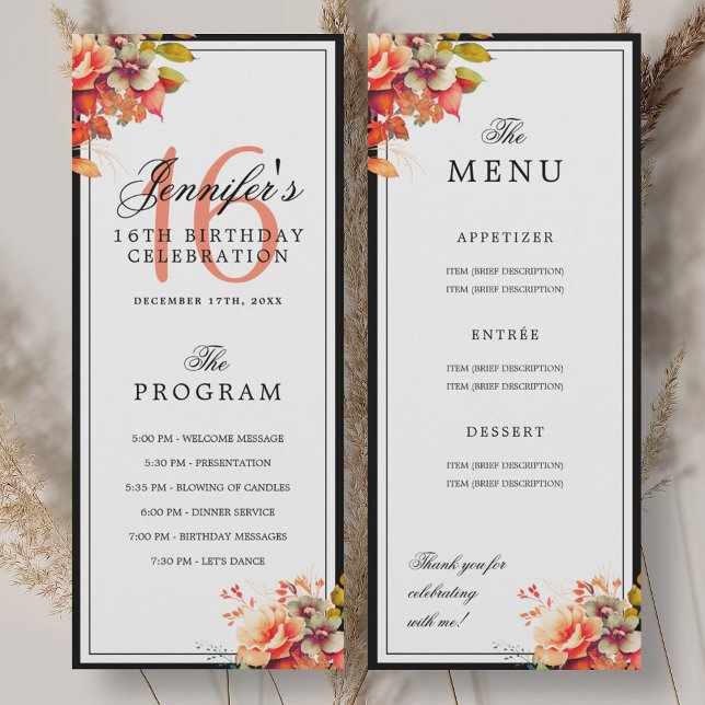 Convites Autumn Fall Floral 16th Birthday Program Menu  (Autumn Fall Floral 16th Birthday Program Menu )