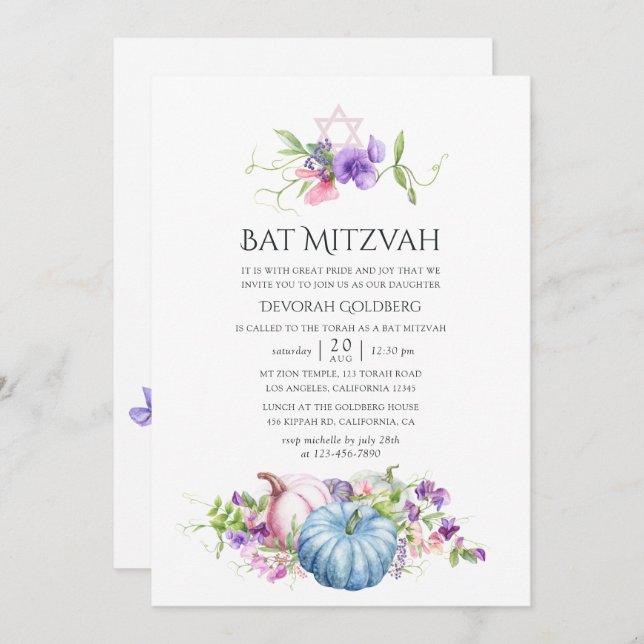 Convites Autumn - Fall Floral Bat Mitzvah (Frente/Verso)