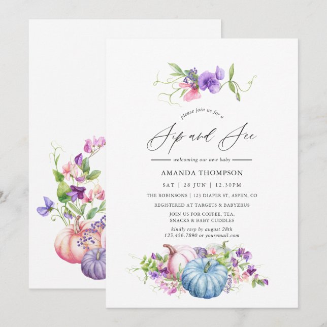 Convites Autumn - Fall Floral Sip and Consulte (Frente/Verso)