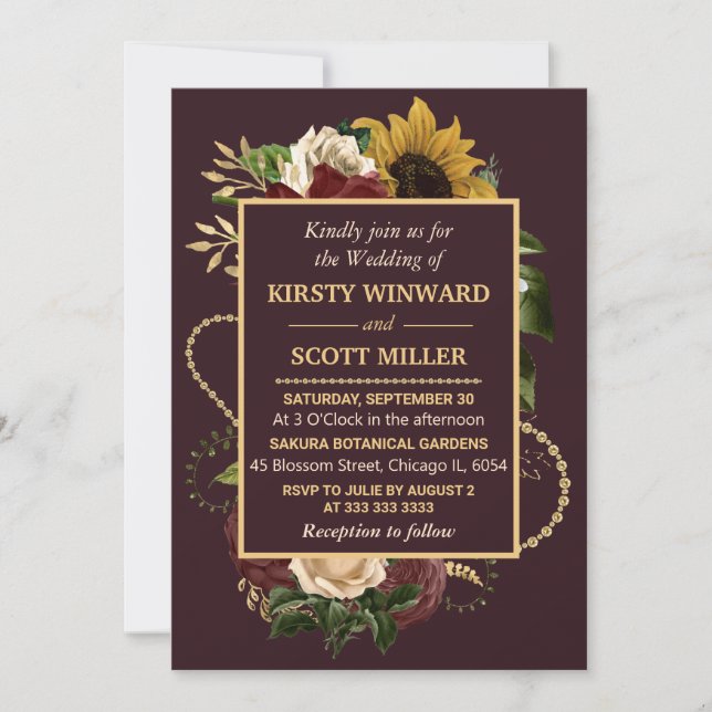 Convites Autumn Fall Flowers Foliage Gold Wedding (Frente)