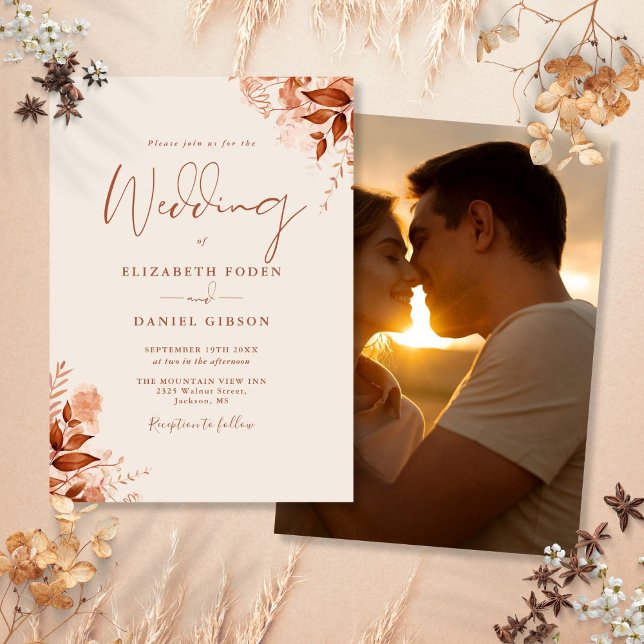 Convites Autumn Fall Rustic Foto Floral Terracotta Casament (Autumn Fall Rustic Floral Photo Terracotta Wedding Invitation)