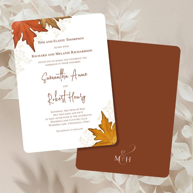 Convites Autumn Fall Watercolor Deixa Casamento Personaliza (Fall leaves watercolor foliage invitations.)
