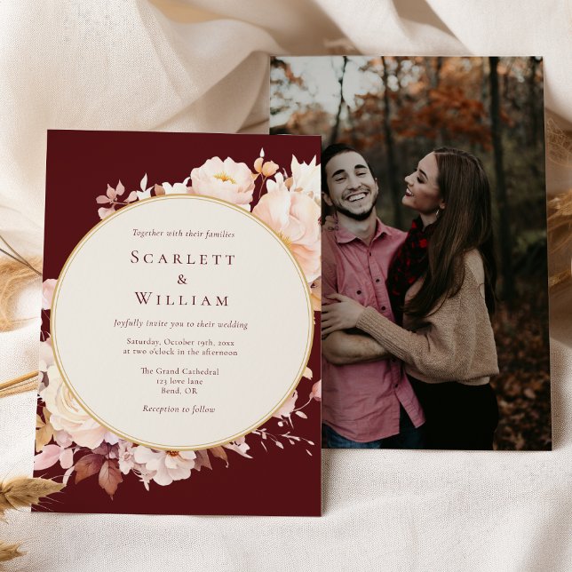 Convites Autumn Floral Burgundy Simple Photo Casamento (Criador carregado)