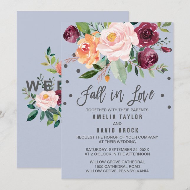 Convites Autumn Floral Dusty Blue Cai No Casamento De Amor (Frente/Verso)