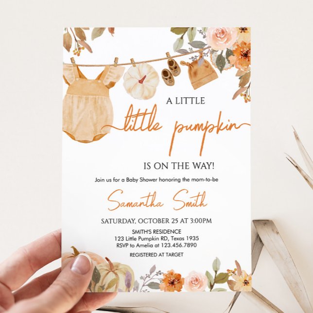 Convites Autumn Floral Little Pumpkin Chá de fraldas (Autumn Floral Little Pumpkin Clothesline Baby Shower Invitation)