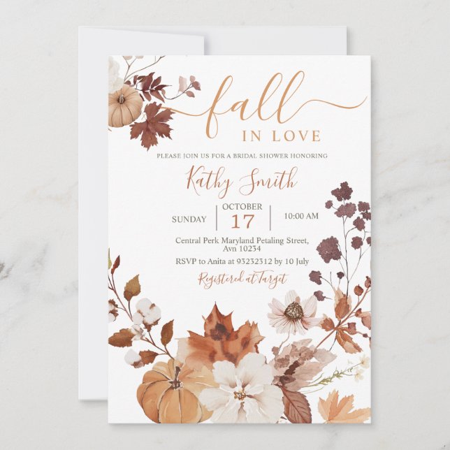 Convites Autumn floral Pumpkin Fall In Love (Frente)