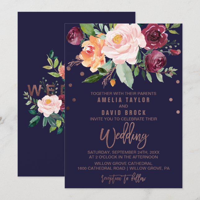 Convites Autumn Floral Rosa Dourada Typografia Backing Wedi (Frente/Verso)
