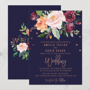 Convites Autumn Floral Rosa Dourada Typografia Backing Wedi