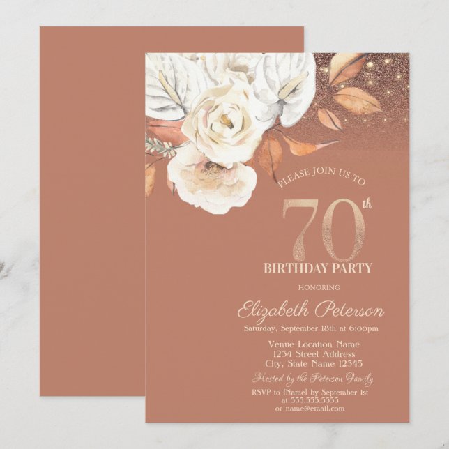 Convites Autumn Flowers Lights Glitter 70th Birthday (Frente/Verso)